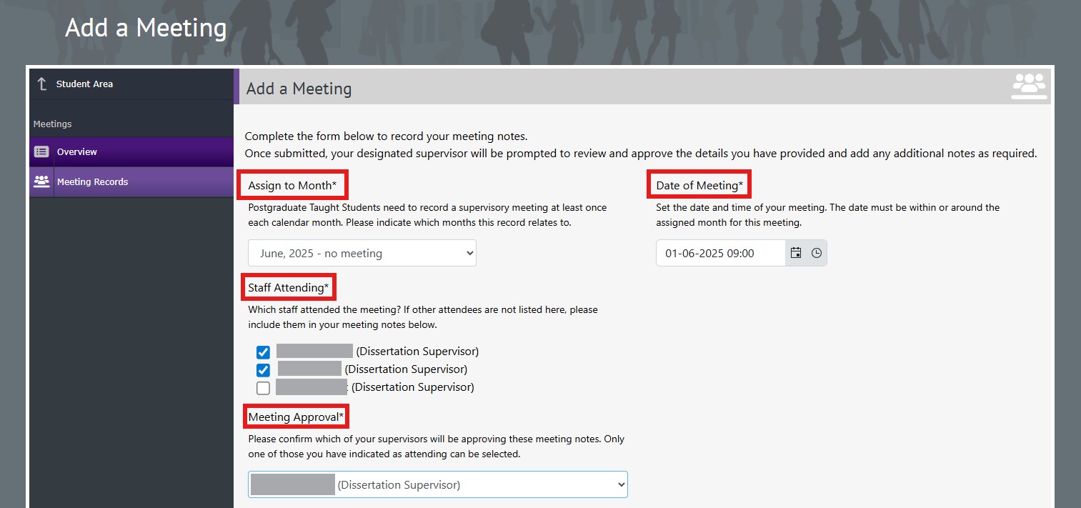 Screen grab of Co-Tutor dashboard for Postgraduate Taught students showing Add a Meeting page, for month, staff attending, meeting approval and meeting date.